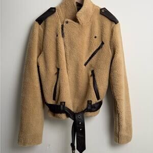 Polo Ralph Lauren Tan Sherpa moto belted Jacket cropped brown leather